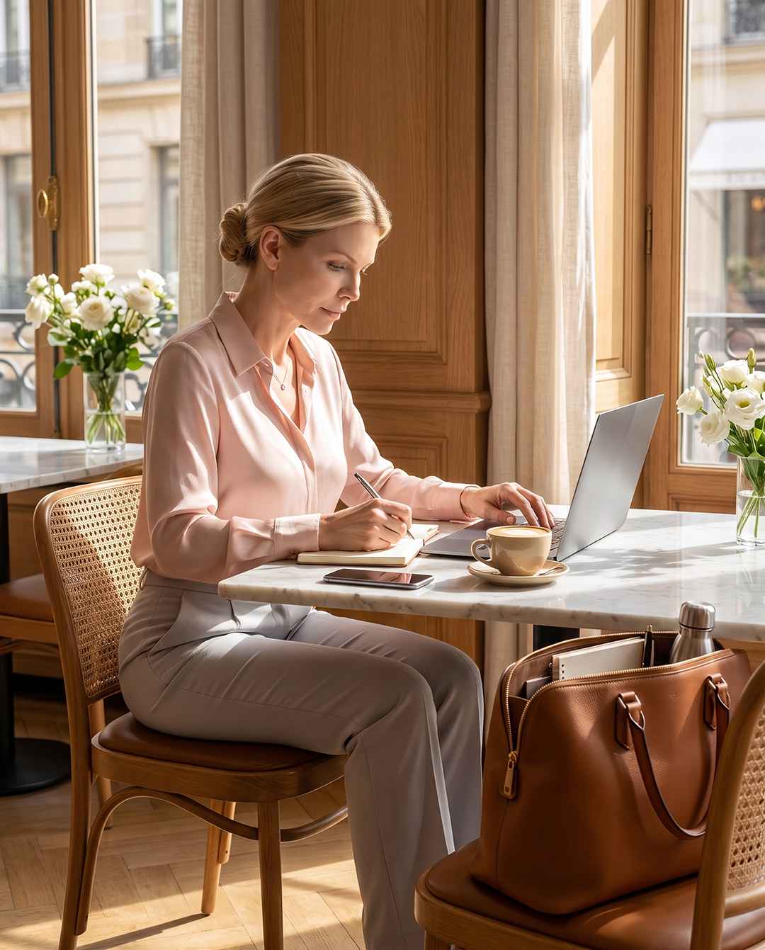 A thoughtfully organized laptop tote creates a calm, productive workspace wherever the day begins.
