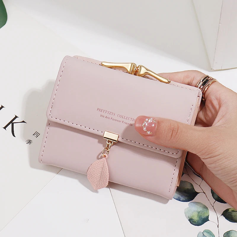 2024 summer Explosion-style women's short wallet Korean PU leather simple everything with solid color personality leaf pendant b Smash Price Shop