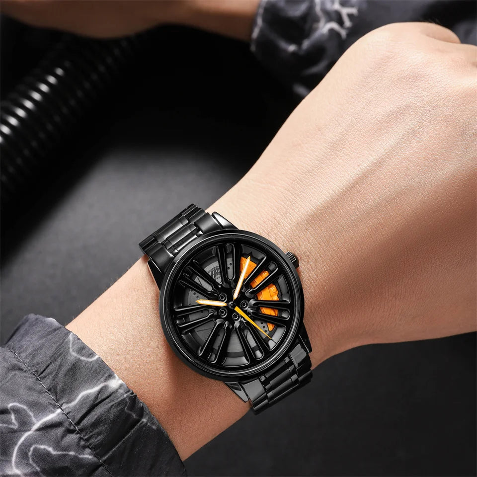 3D Car Rim Quartz Watch for Men – Rotating Sport Dial