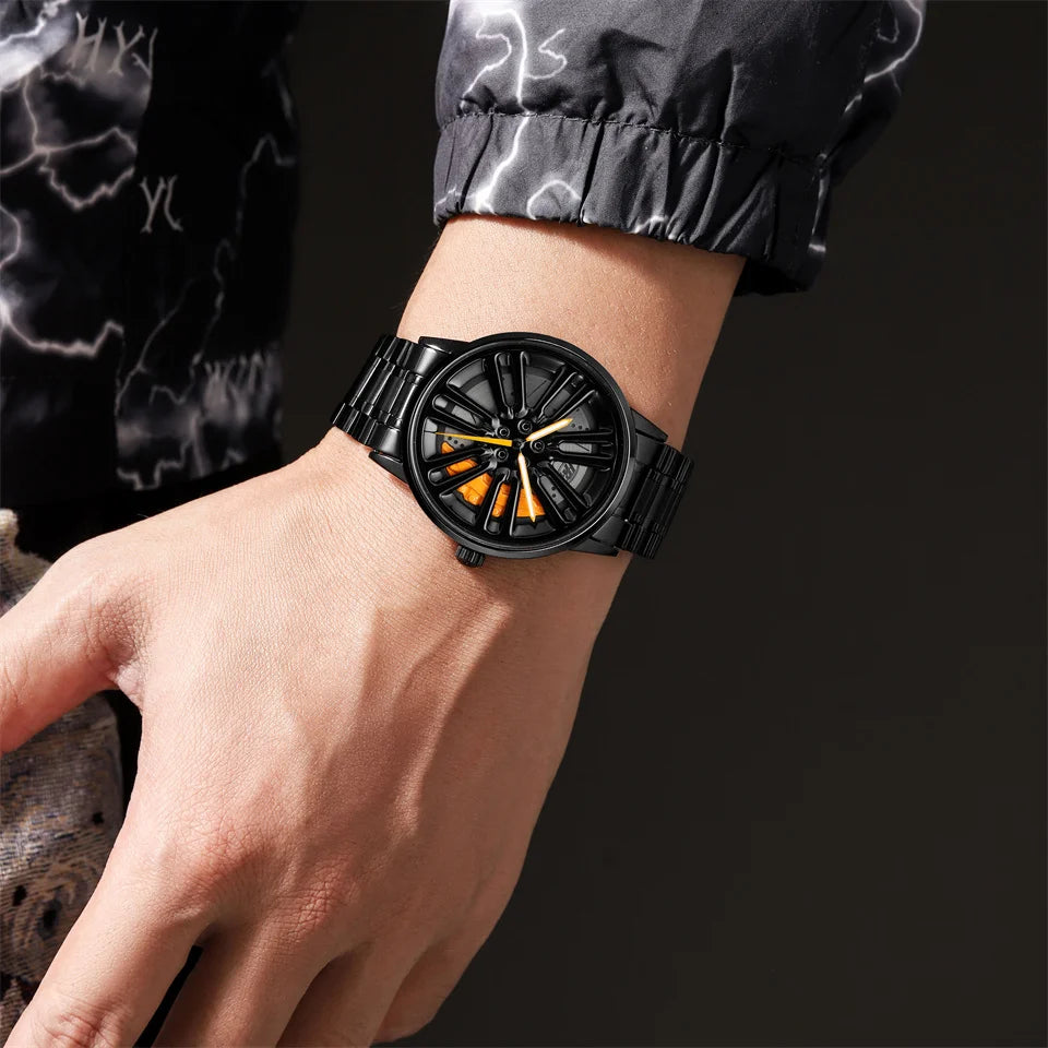 3D Car Rim Quartz Watch for Men – Rotating Sport Dial