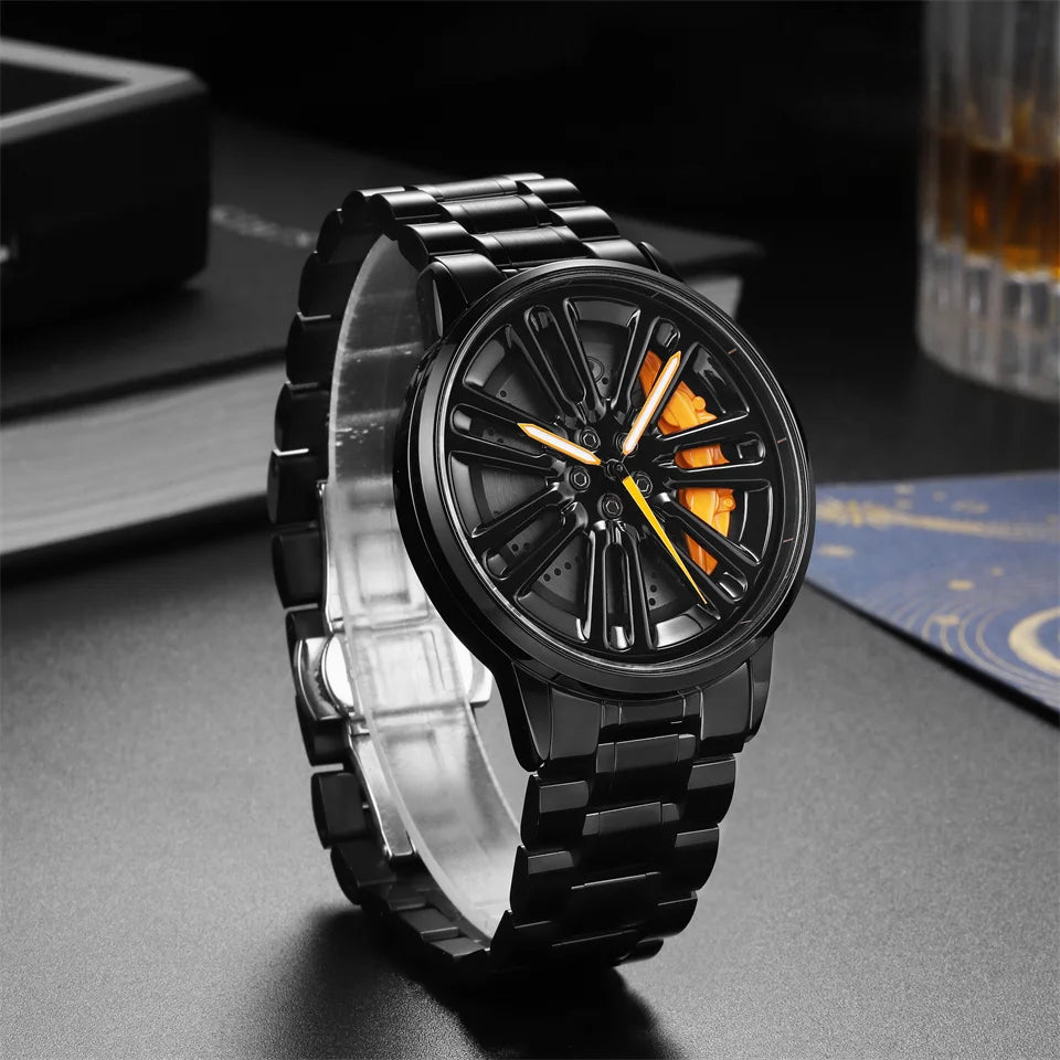 3D Car Rim Quartz Watch for Men – Rotating Sport Dial