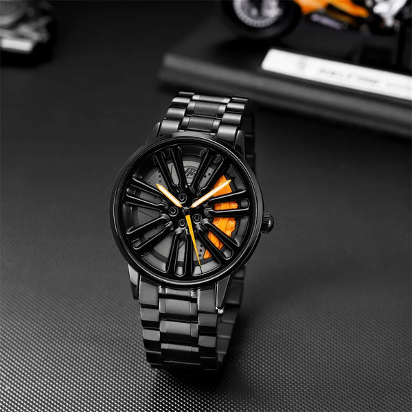 3D Car Rim Quartz Watch for Men – Rotating Sport Dial