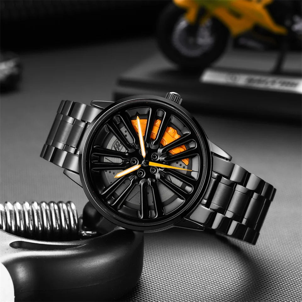 3D Car Rim Quartz Watch for Men – Rotating Sport Dial