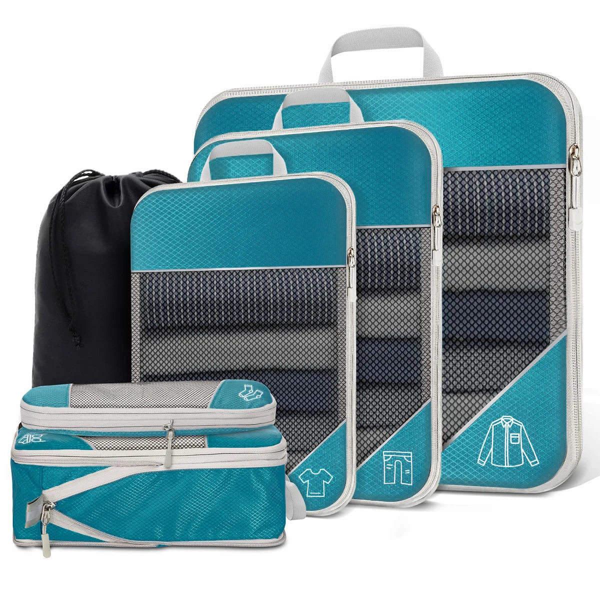 6-Piece Compression Packing Cube Set with Shoe Bag in Lake blue / Total 6PCS Set – product image 12