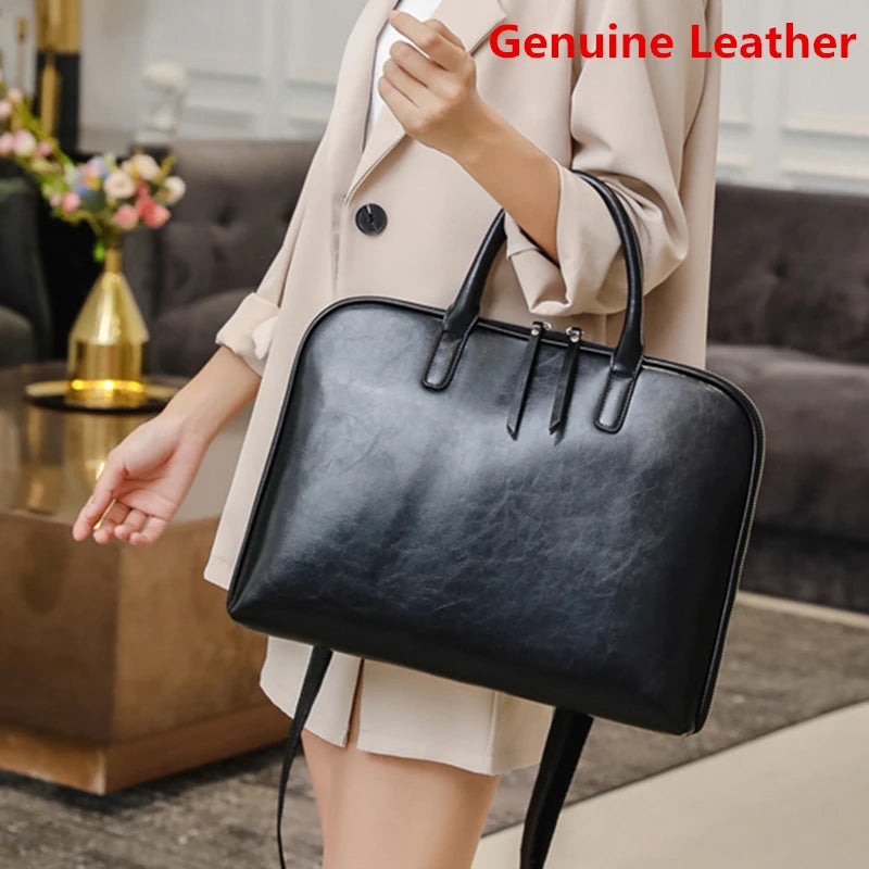 New 100% Genuine Leather Briefcase For Woman 14 15.6 inch Laptop Bag Women's Business Tote Office Ladies Shoulder Messenger Bags
