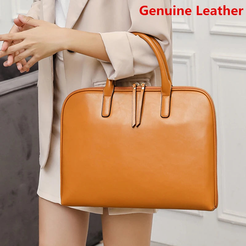New 100% Genuine Leather Briefcase For Woman 14 15.6 inch Laptop Bag Women's Business Tote Office Ladies Shoulder Messenger Bags