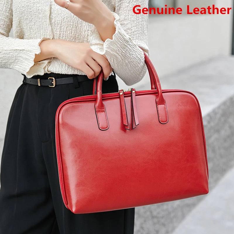 New 100% Genuine Leather Briefcase For Woman 14 15.6 inch Laptop Bag Women's Business Tote Office Ladies Shoulder Messenger Bags