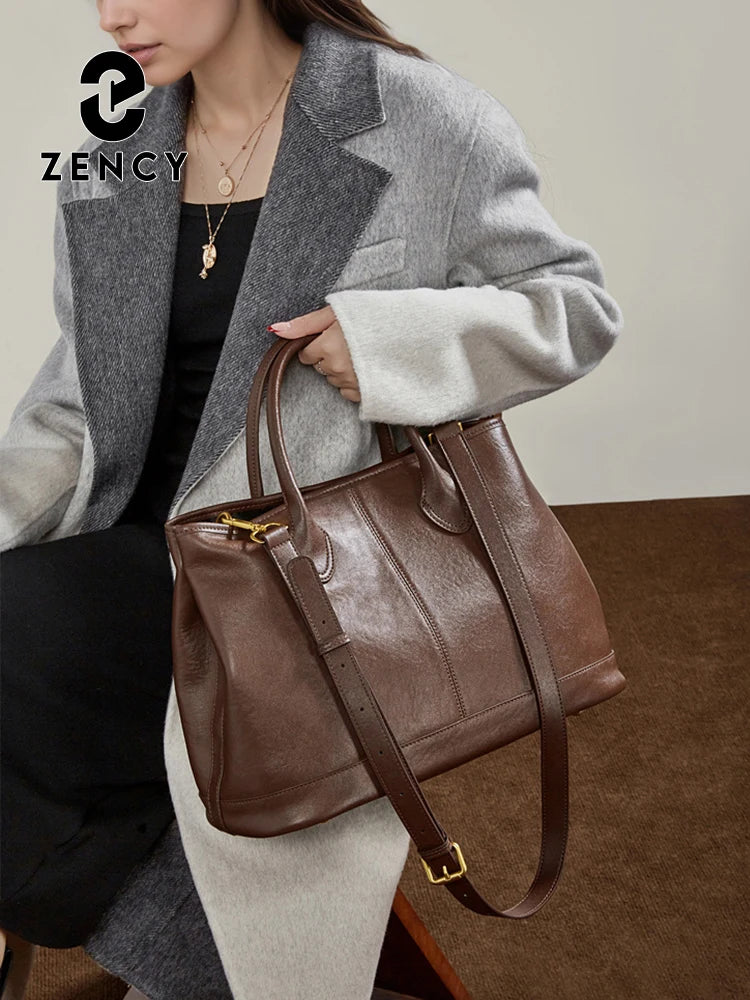 ZENCY Genuine Leather Vintage Work Tote Bag