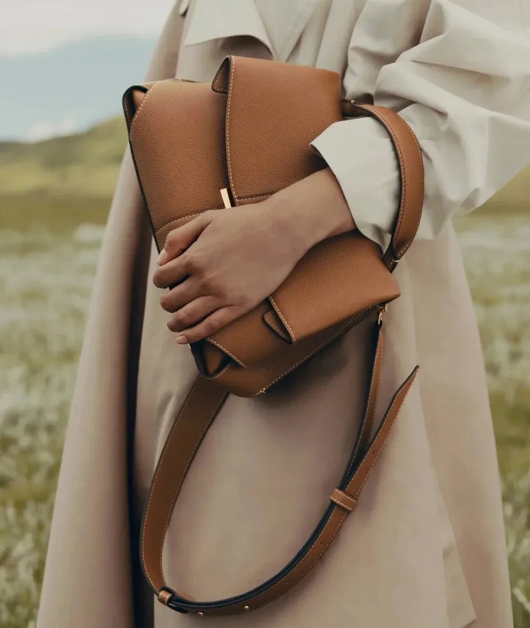 Genuine Leather Pleated Tote Bag for Women