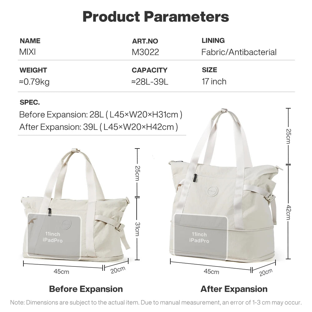 Mixi Large Expandable Travel Tote Bag for Women Waterproof Lightweight Carry On Weekender Bag with Shoes Compartment M3022
