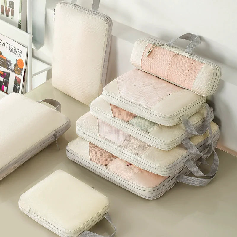 Beige 5-Piece Compression Packing Cube Set in beige 5pcs – product image 1