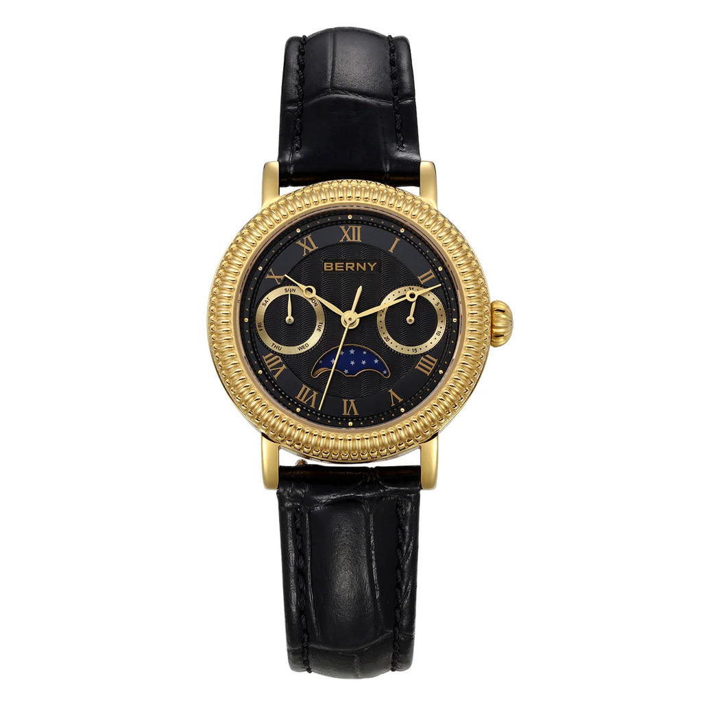 BERNY Moon Phase Women's Quartz Watch – Gold Dress Style