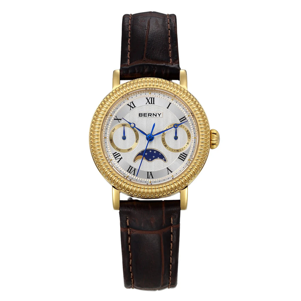 BERNY Moon Phase Women's Quartz Watch – Gold Dress Style