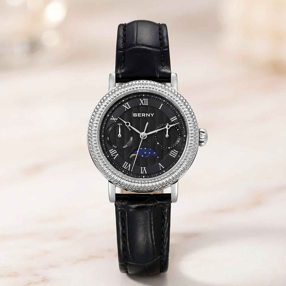 BERNY Moon Phase Women’s Watch – Elegant Leather Smash Price Shop Women's Watch