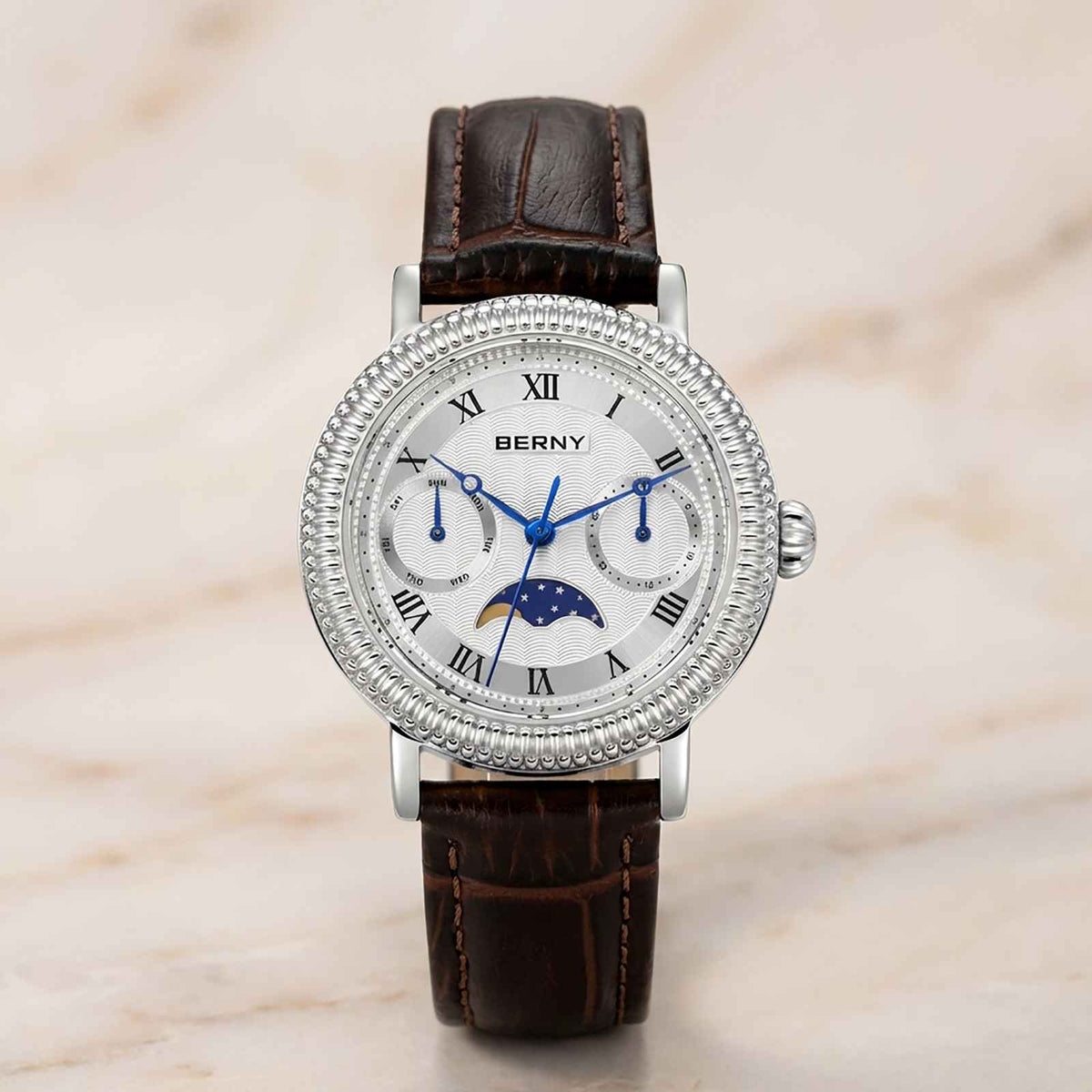 BERNY Moon Phase Women’s Watch – Elegant Leather Smash Price Shop Women's Watch