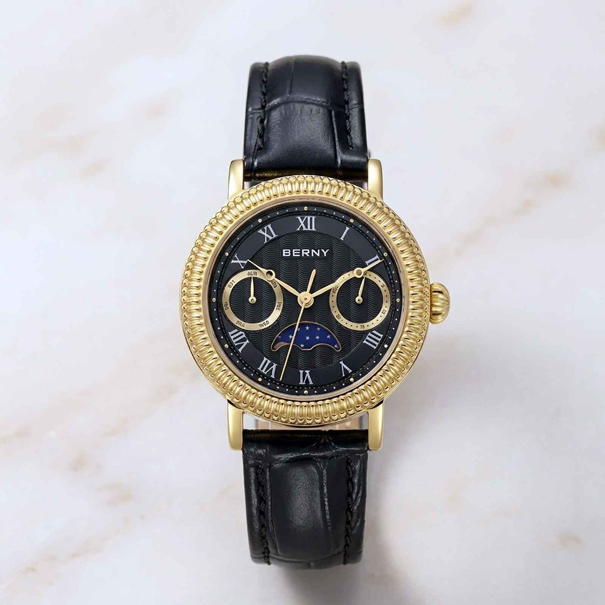 BERNY Moon Phase Women’s Watch – Elegant Leather Smash Price Shop Women's Watch