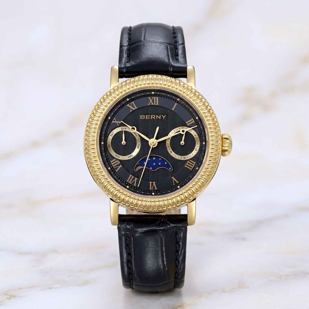 BERNY Moon Phase Women’s Watch – Elegant Leather Smash Price Shop Women's Watch