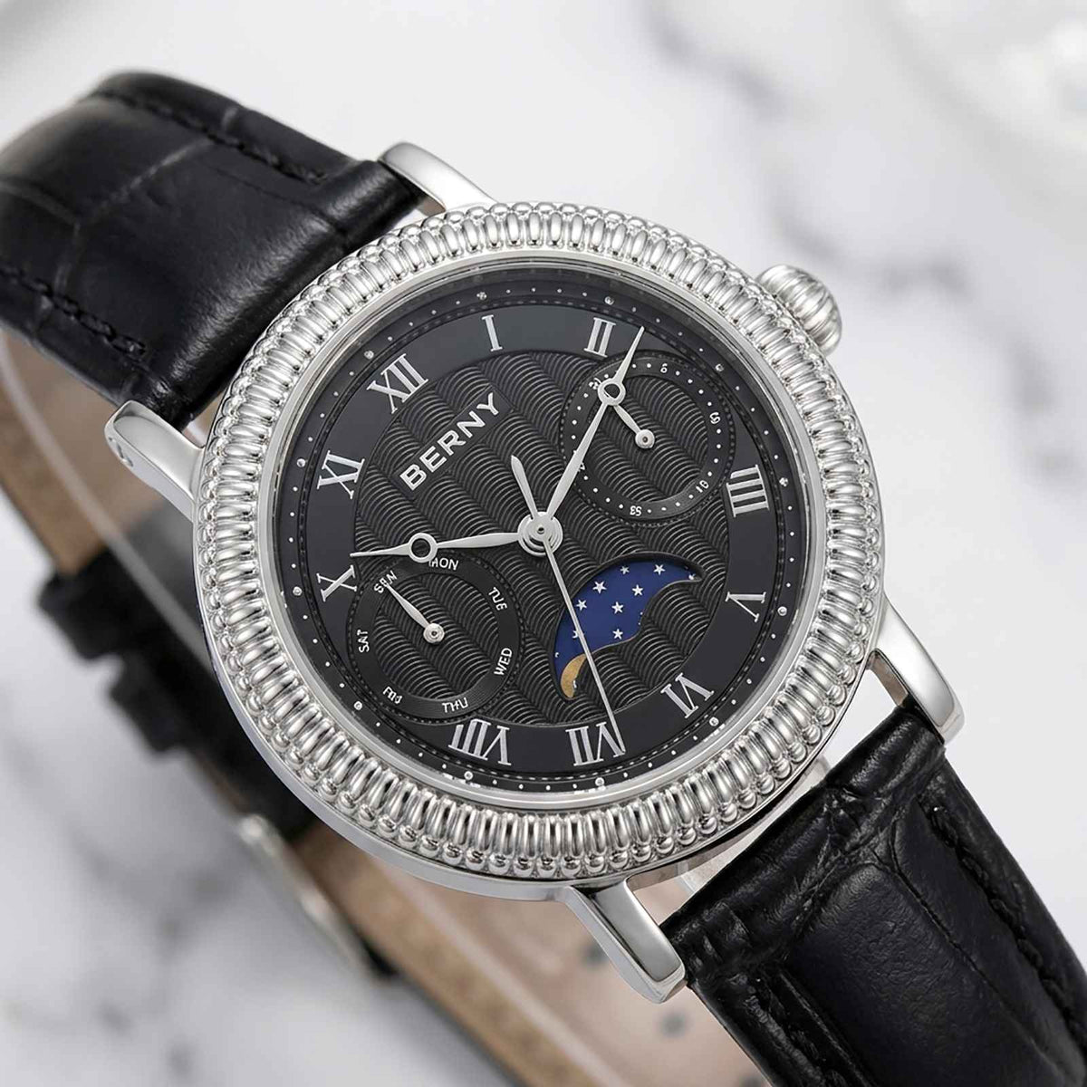 BERNY Moon Phase Women’s Watch – Elegant Leather Smash Price Shop Women's Watch