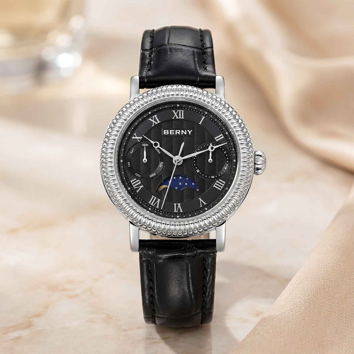 BERNY Moon Phase Women’s Watch – Elegant Leather Smash Price Shop Women's Watch