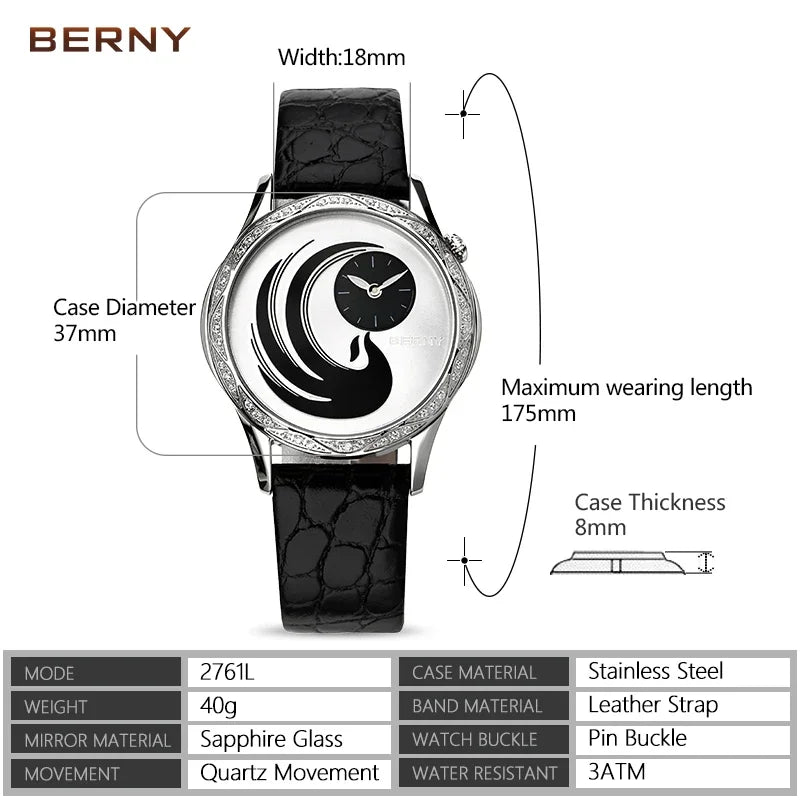 BERNY Phoenix Diamond Women’s Watch – Japan Quartz, Leather, Waterproof