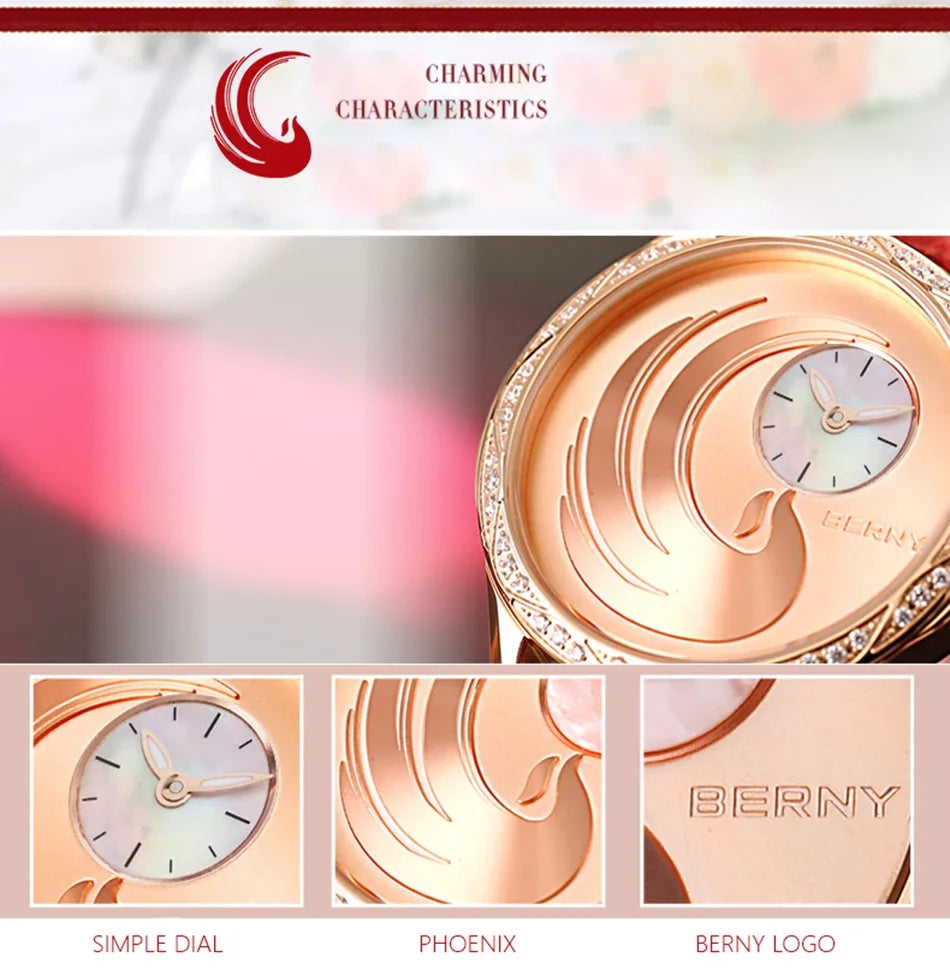 BERNY Phoenix Diamond Women’s Watch – Japan Quartz, Leather, Waterproof