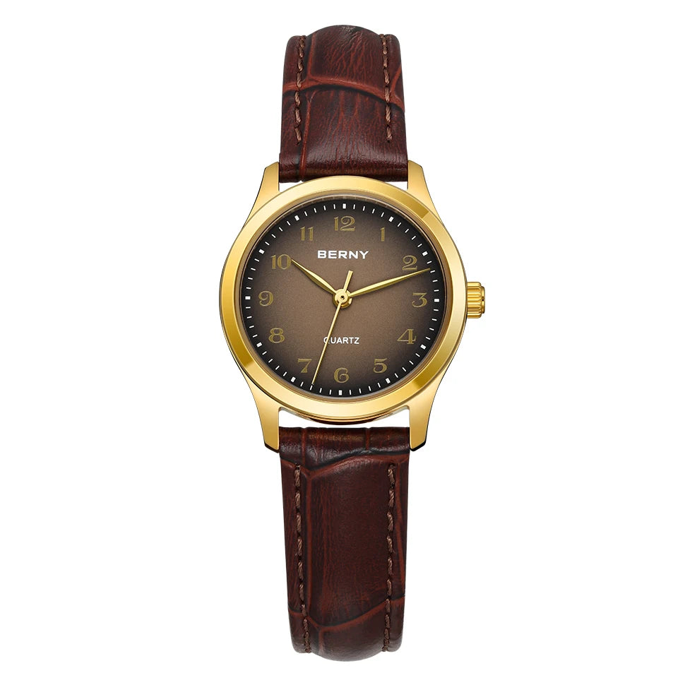BERNY Ultra-Thin Gold Ladies Watch – Elegant Leather Strap Smash Price Shop Watch