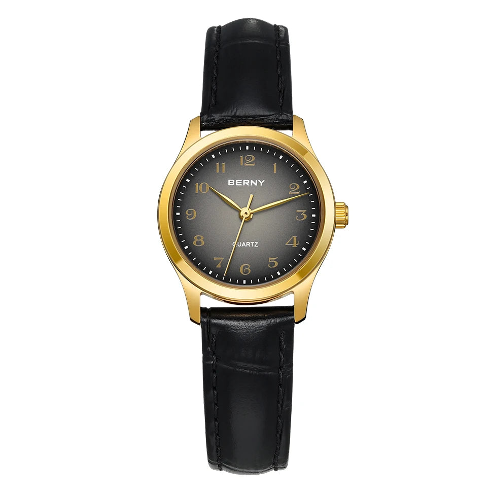 BERNY Ultra-Thin Gold Ladies Watch – Elegant Leather Strap