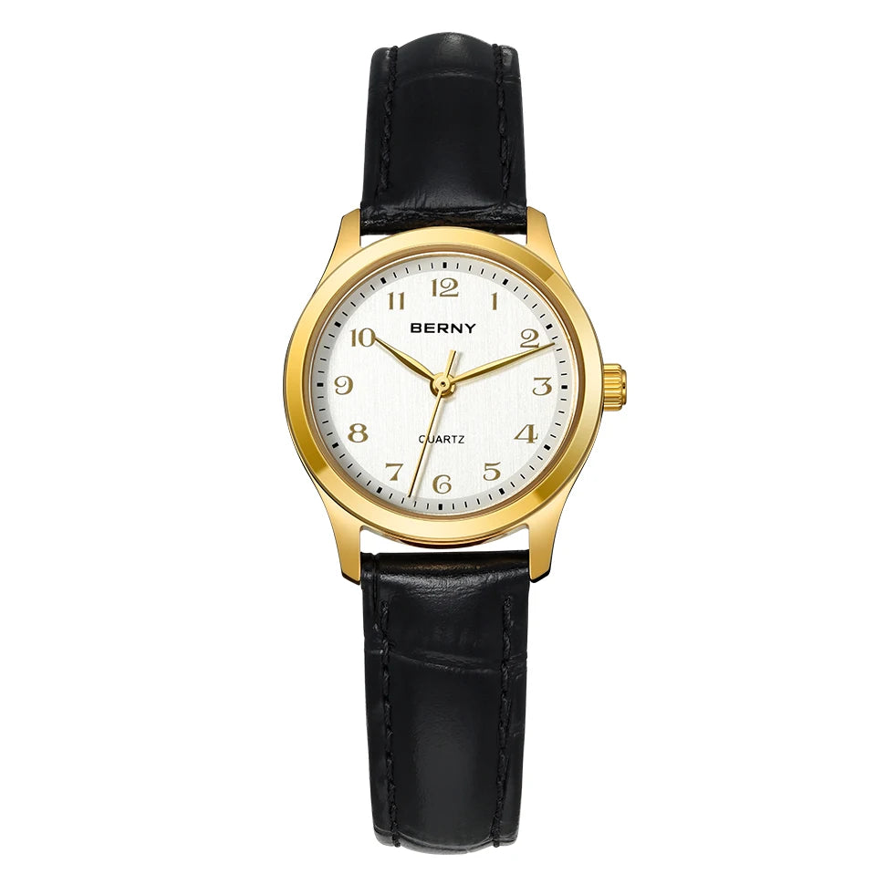 BERNY Ultra-Thin Gold Ladies Watch – Elegant Leather Strap Smash Price Shop Watch