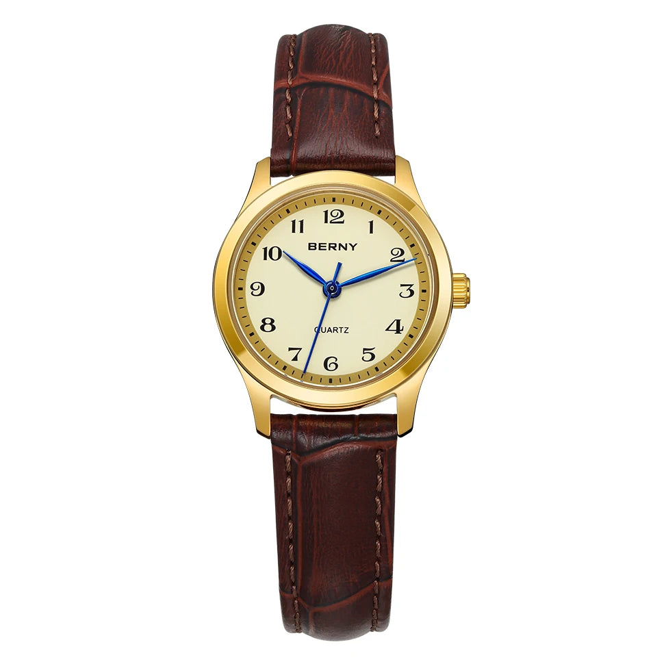 BERNY Ultra-Thin Gold Ladies Watch – Elegant Leather Strap