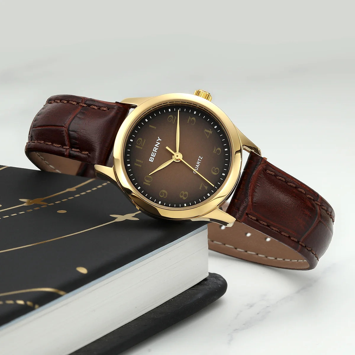 BERNY Ultra-Thin Gold Ladies Watch – Elegant Leather Strap Smash Price Shop Watch
