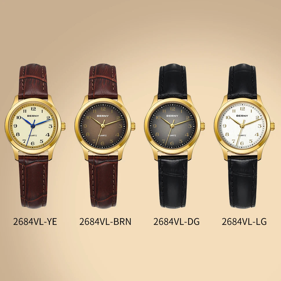 BERNY Ultra-Thin Gold Ladies Watch – Elegant Leather Strap Smash Price Shop Watch