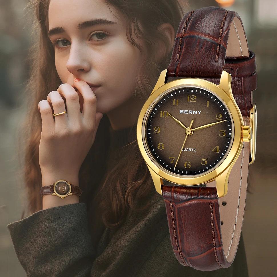 BERNY Ultra-Thin Gold Ladies Watch – Elegant Leather Strap