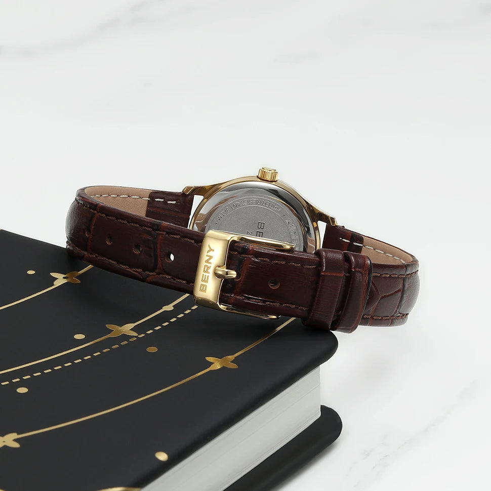 BERNY Ultra-Thin Gold Ladies Watch – Elegant Leather Strap