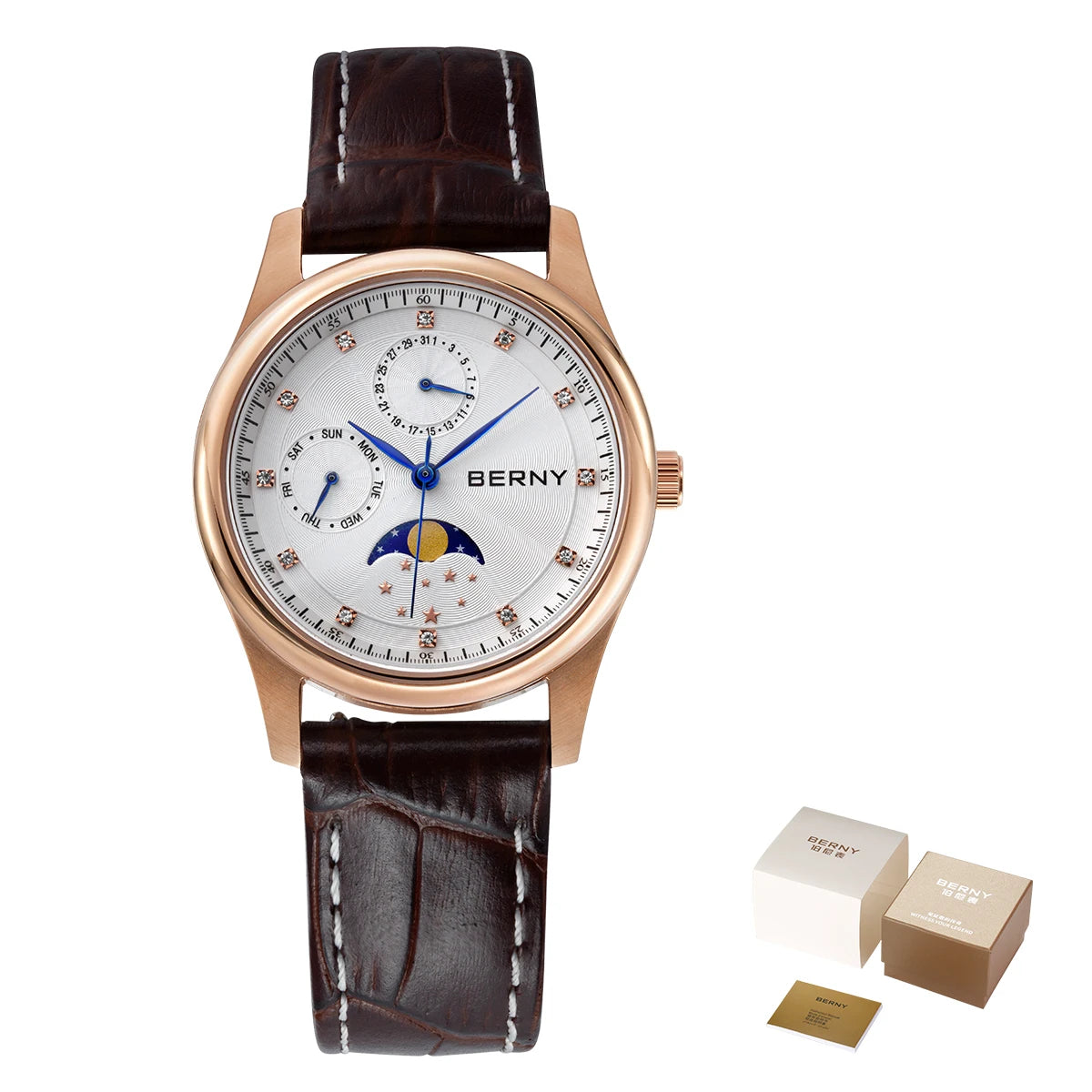 BERNY Women's Moon Phase Watch – Elegant Leather Design
