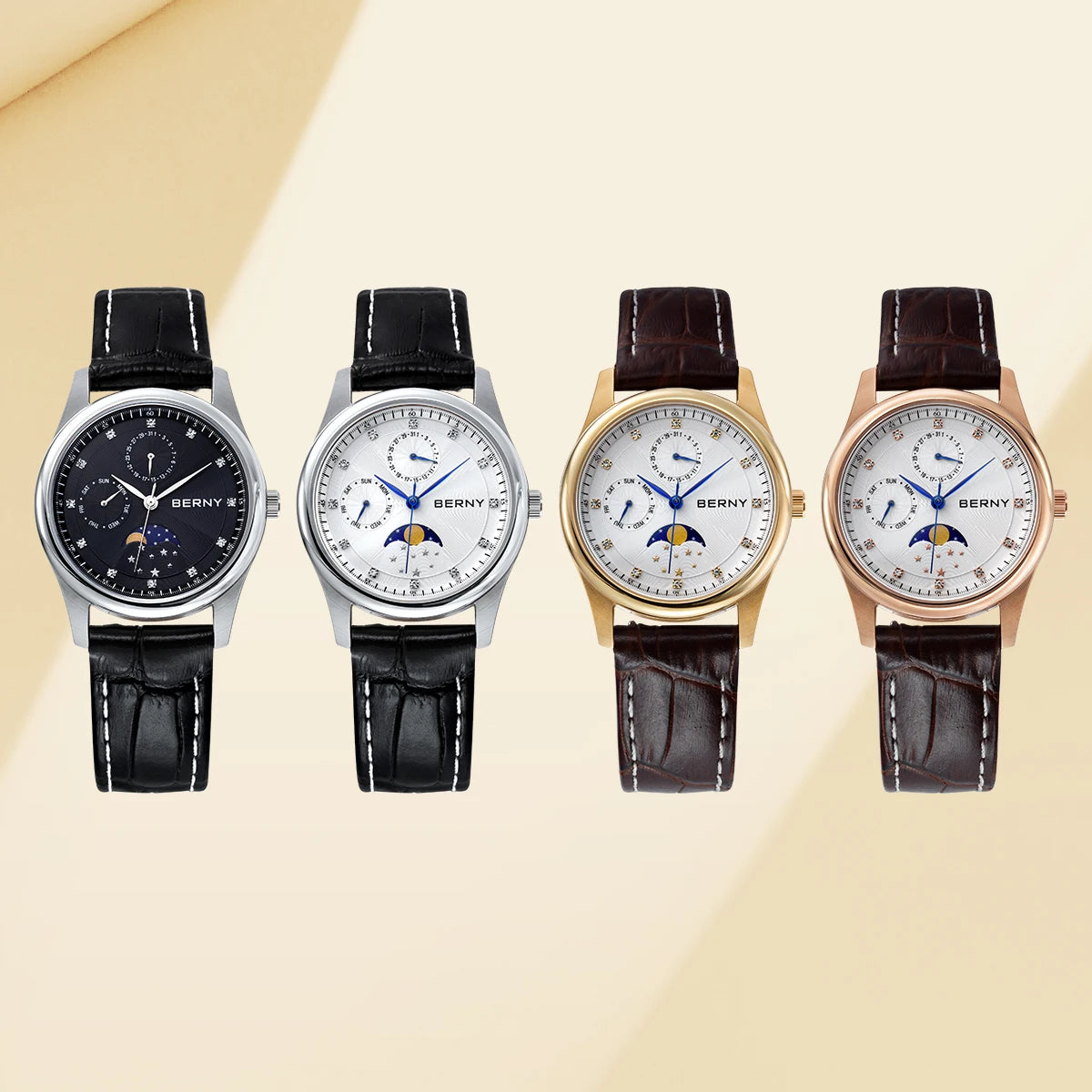 BERNY Women's Moon Phase Watch – Elegant Leather Design