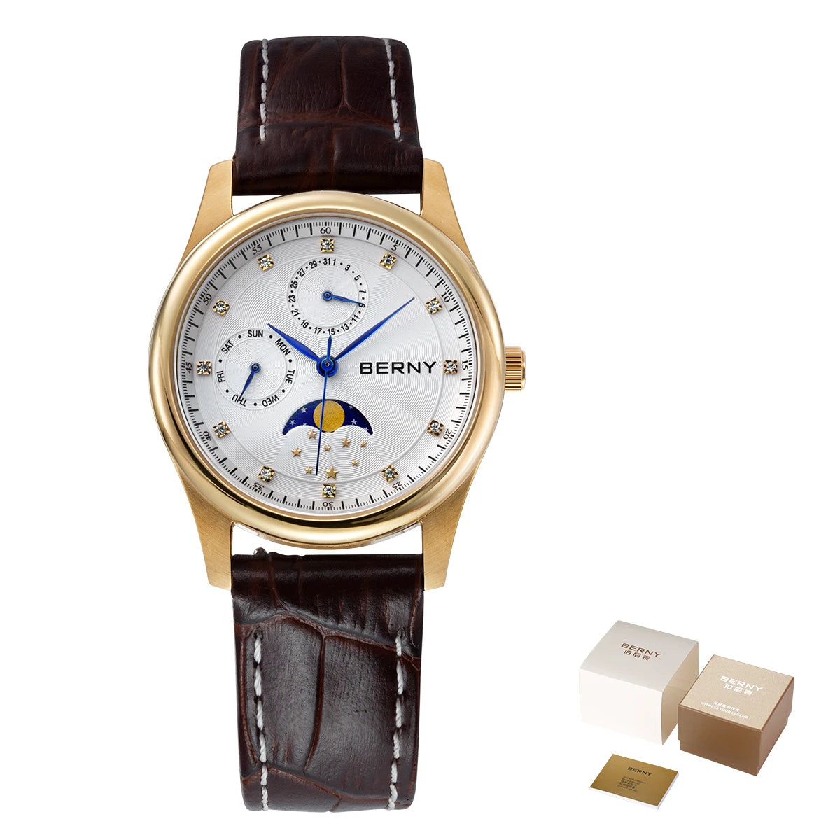 BERNY Women's Moon Phase Watch – Elegant Leather Design