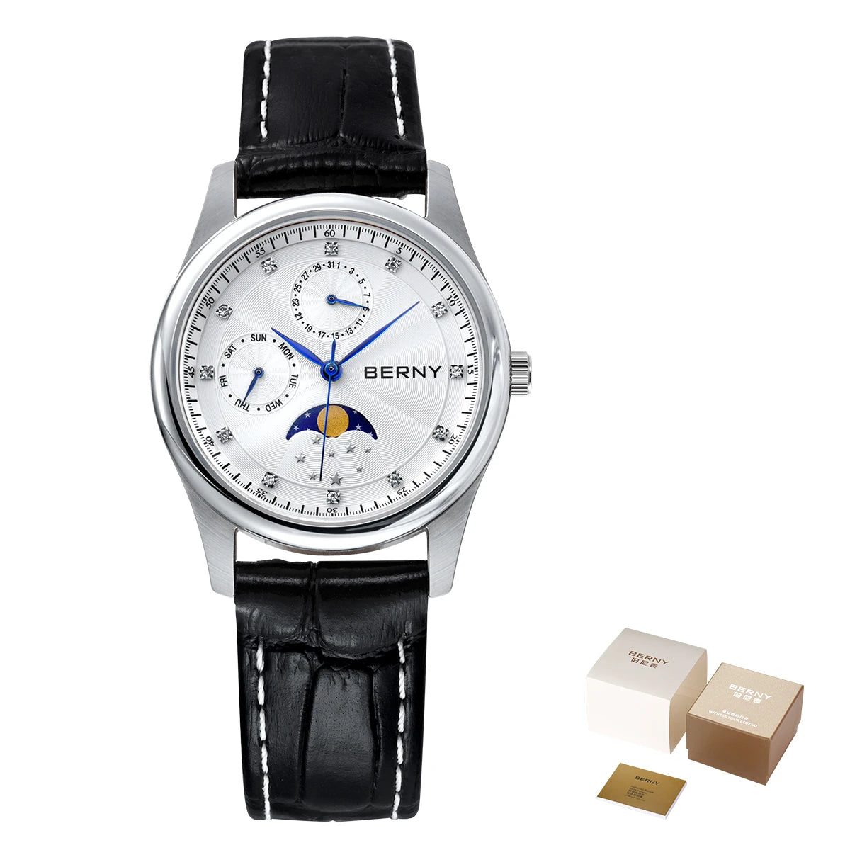 BERNY Women's Moon Phase Watch – Elegant Leather Design
