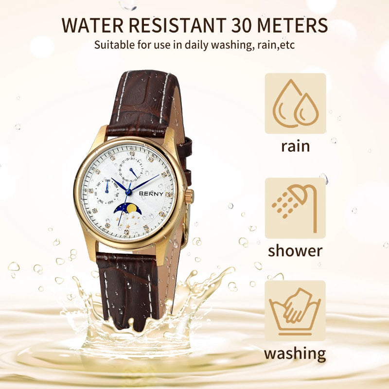 BERNY Women's Moon Phase Watch – Elegant Leather Design