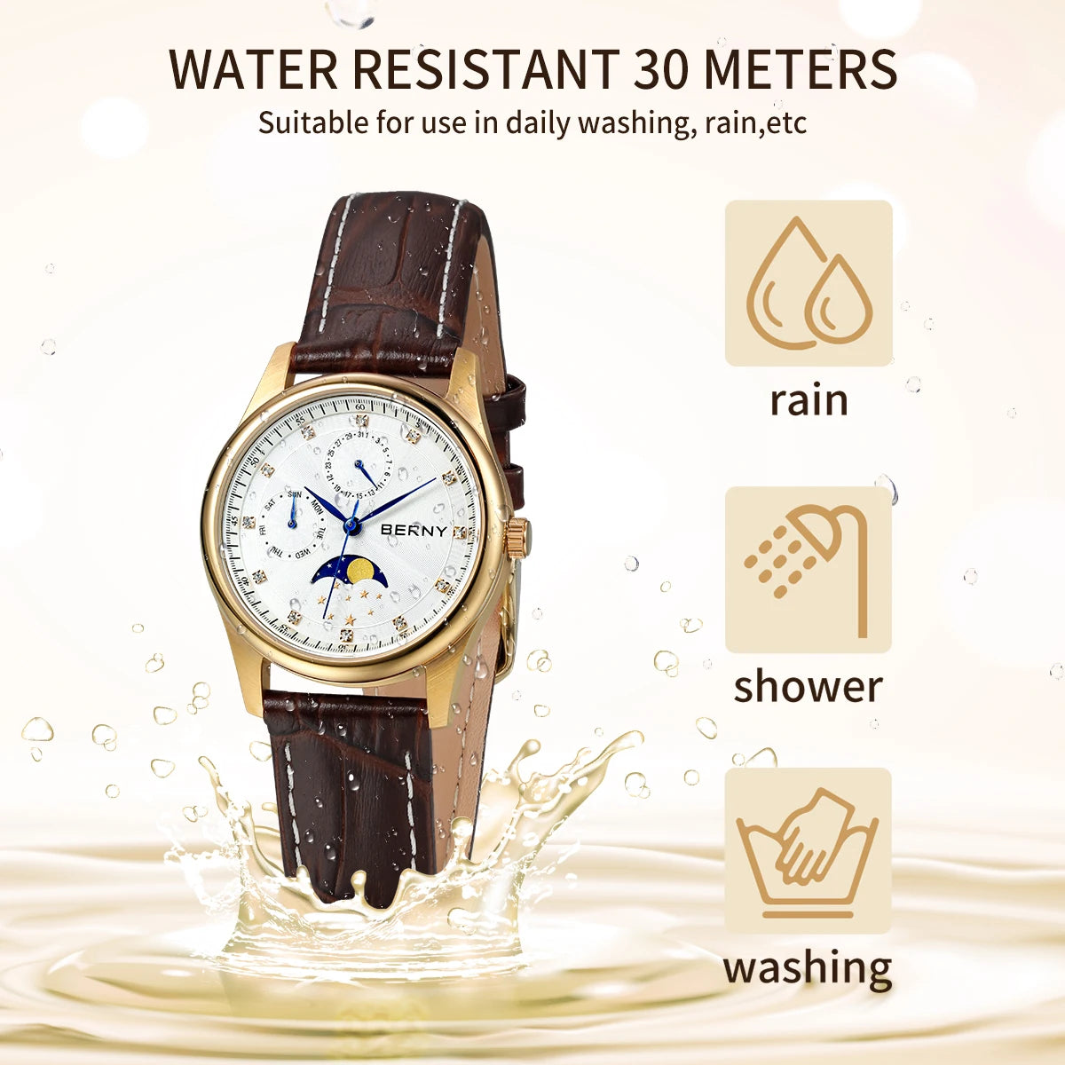 BERNY Women's Moon Phase Watch – Elegant Leather Design