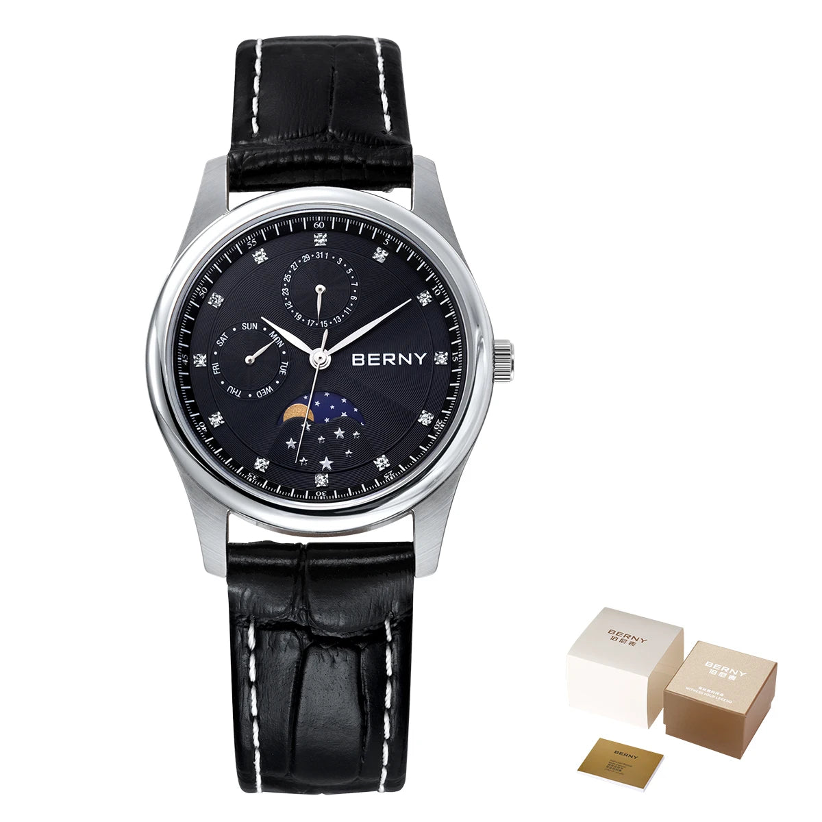 BERNY Women's Moon Phase Watch – Elegant Leather Design