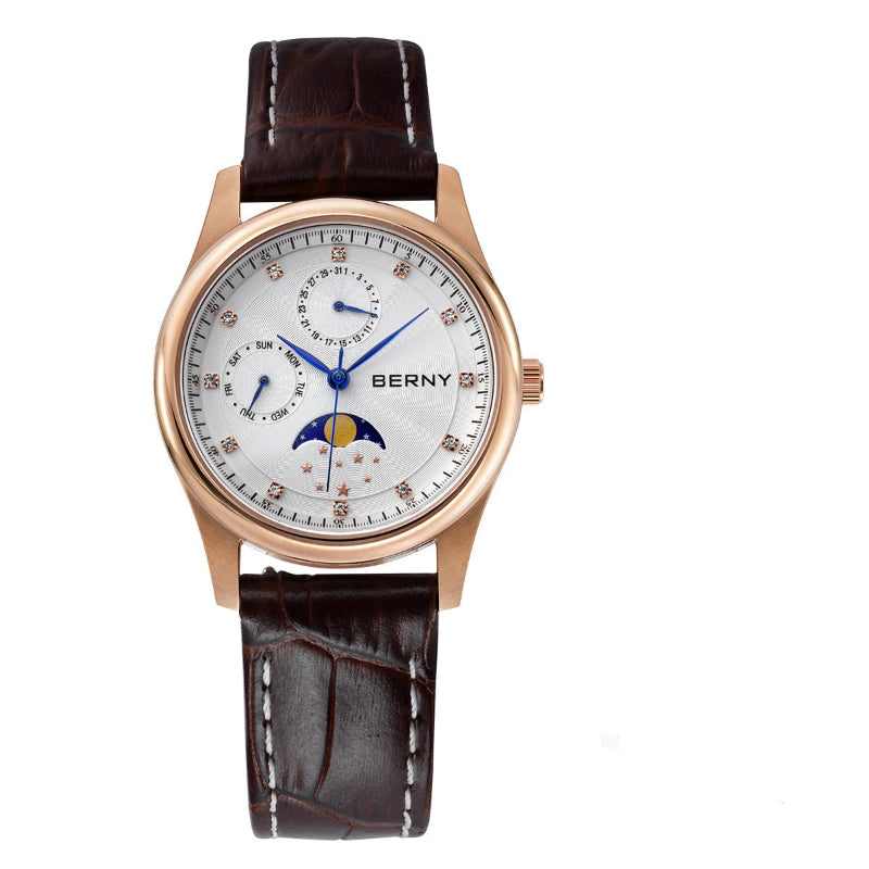 BERNY Women's Moon Phase Watch – Elegant Leather Design