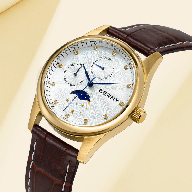 BERNY Women's Moon Phase Watch – Elegant Leather Design Smash Price Shop Women's Watch