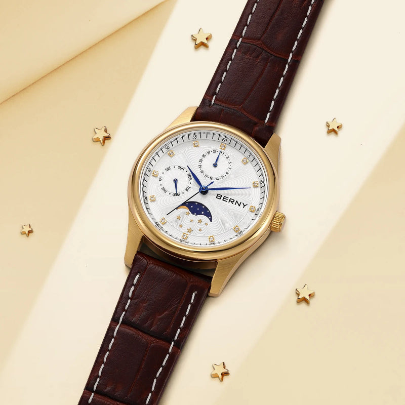 BERNY Women's Moon Phase Watch – Elegant Leather Design