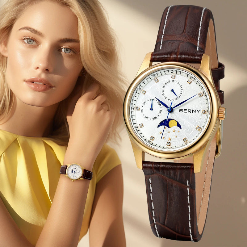 BERNY Women's Moon Phase Watch – Elegant Leather Design