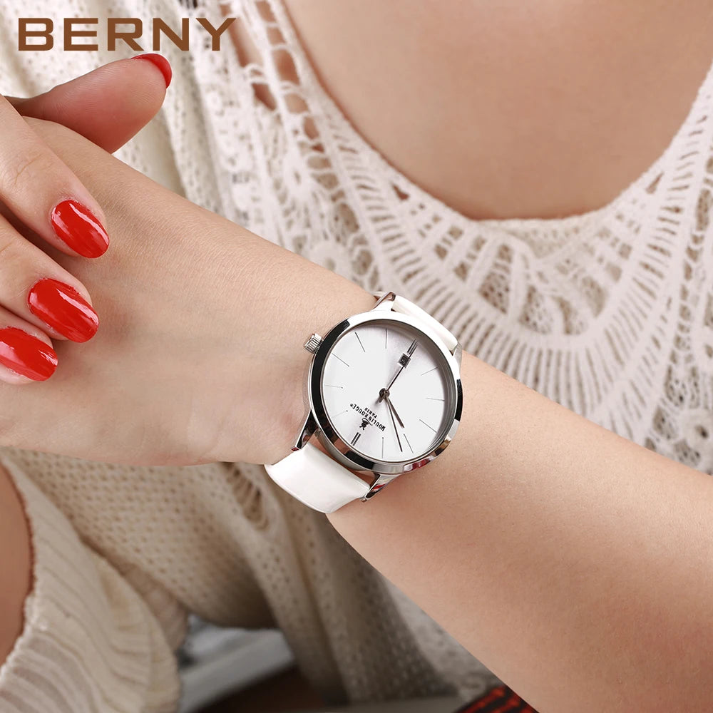 BERNY Women’s Watch – Japan Quartz, Leather Strap, Calendar, Waterproof
