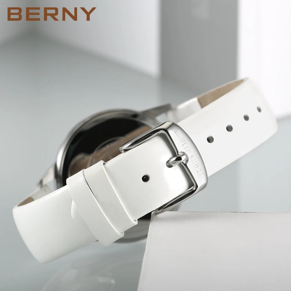 BERNY Women’s Watch – Japan Quartz, Leather Strap, Calendar, Waterproof