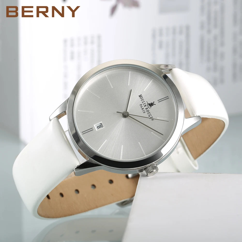 BERNY Women’s Watch – Japan Quartz, Leather Strap, Calendar, Waterproof