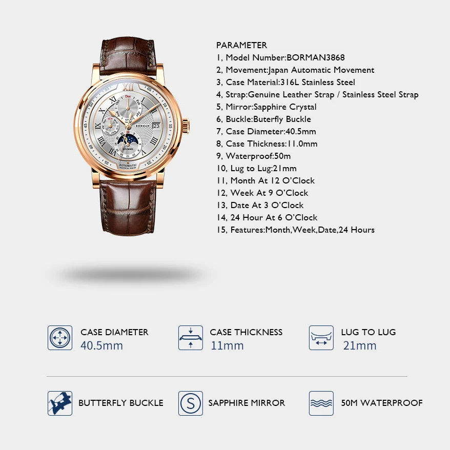 BORMAN 3868 Men’s Automatic Watch – Sapphire Calendar Luxury 50M Smash Price Shop Men's Watch