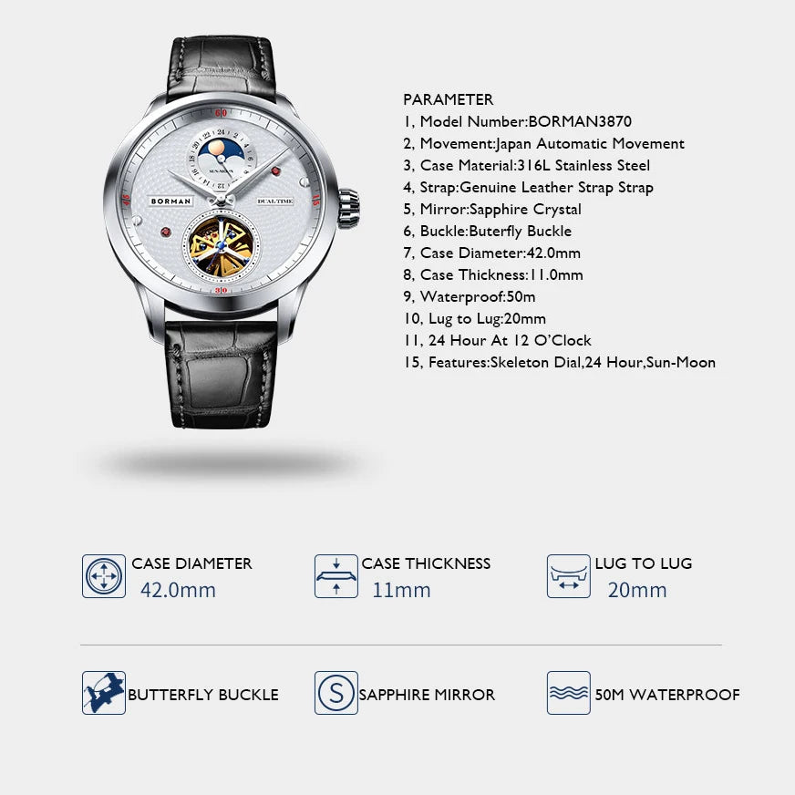 BORMAN 3870 Men’s Automatic Skeleton Watch – Sapphire 24H Mechanical Smash Price Shop Men's Watch