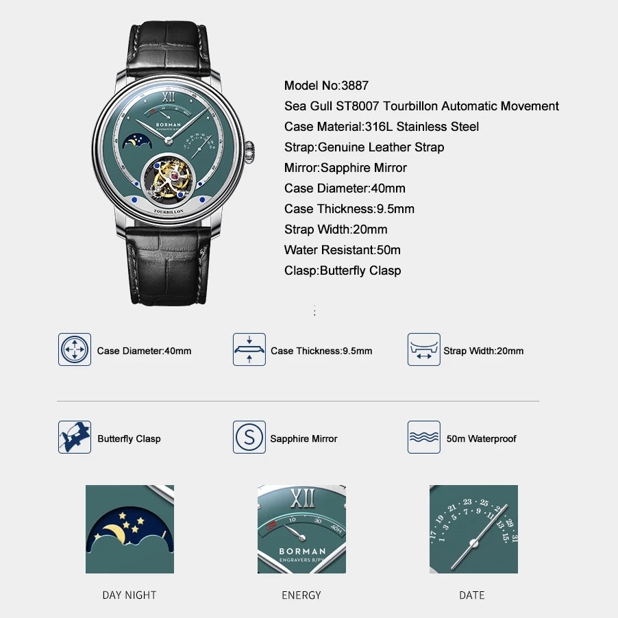 BORMAN 3887 Men’s Automatic Tourbillon Watch – Sapphire Luxury Mechanical Smash Price Shop Men's Watch